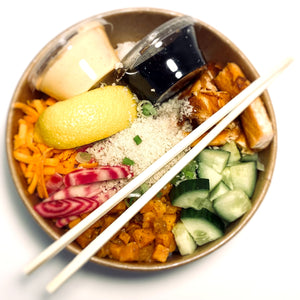 Salmon poke. Sushi rice, salmon, sweet potato, carrot, cucumber, beets, ponzu sauce, spicy mayo, green onion. garlic crumb, lemon wedge. Freshly made, Kosher Ottawa takeout